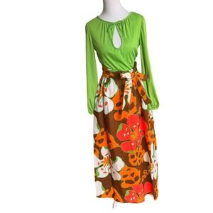 Vintage 70s Tannye's Green Floral Maxi Dress Keyhole Peephole Obi Belt Size 8